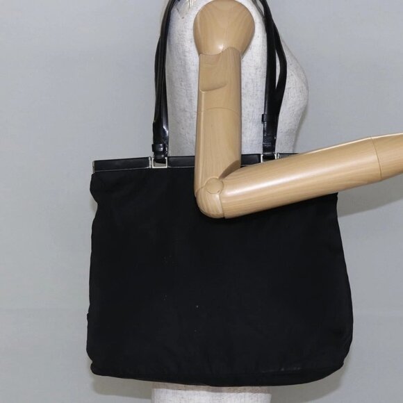 PRADA Tote Bag Nylon Leather Black Silver Auth - Picture 1 of 16